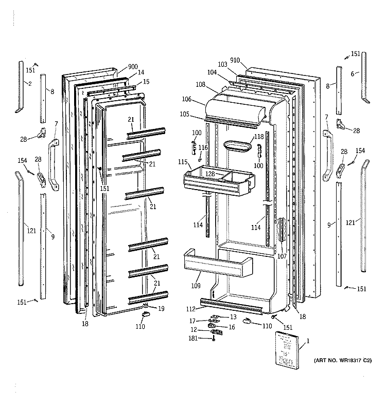 DOORS Diagram and Parts List for TFG25PAYFWW  General Electric Refrigerator