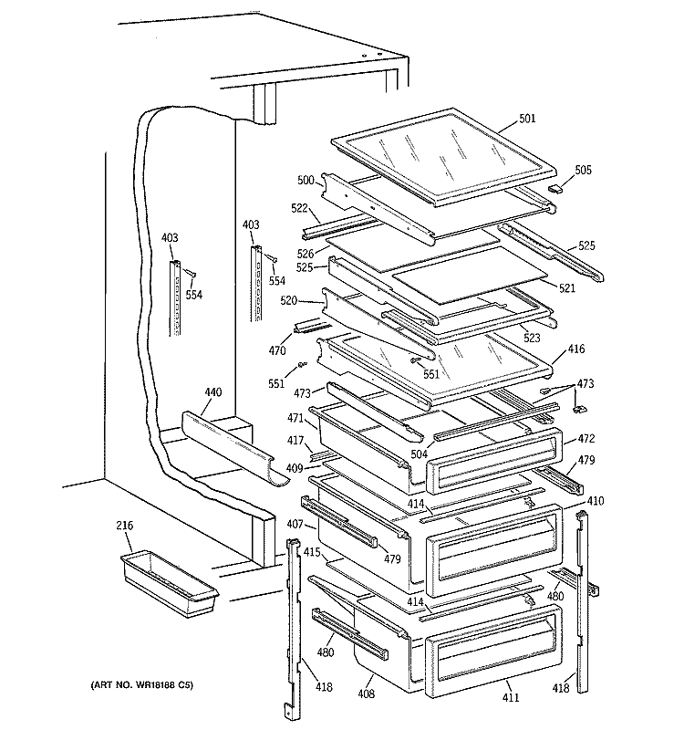 FRESH FOOD SHELVES Diagram and Parts List for TFG25PEYFWH  General Electric Refrigerator