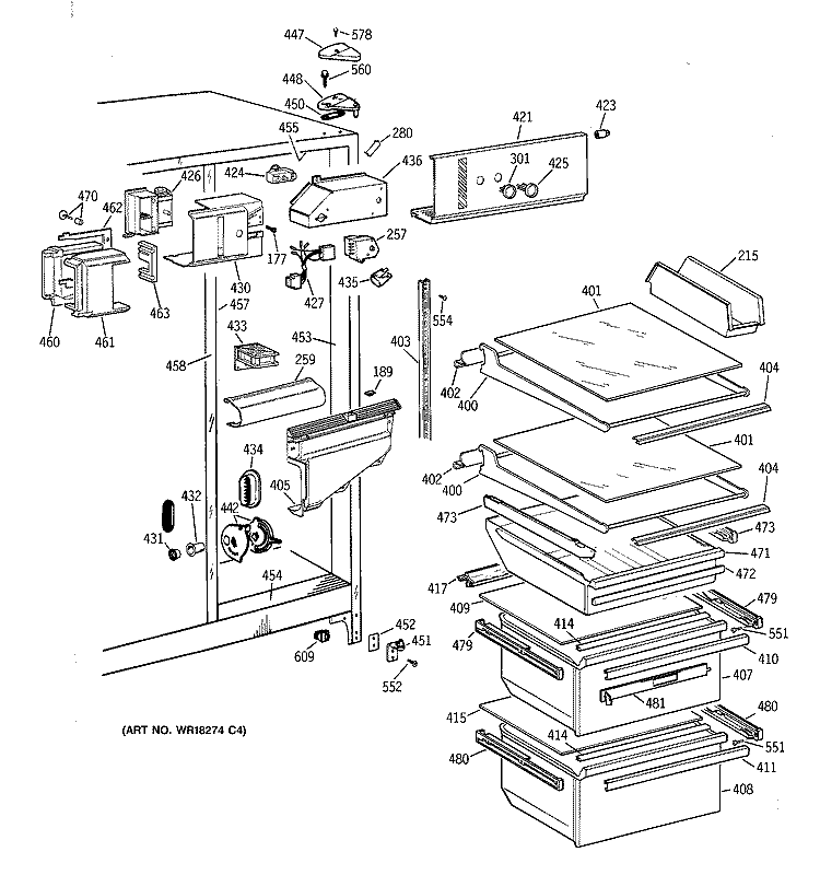 FRESH FOOD SECTION Diagram and Parts List for TFK22JAZBAA  General Electric Refrigerator