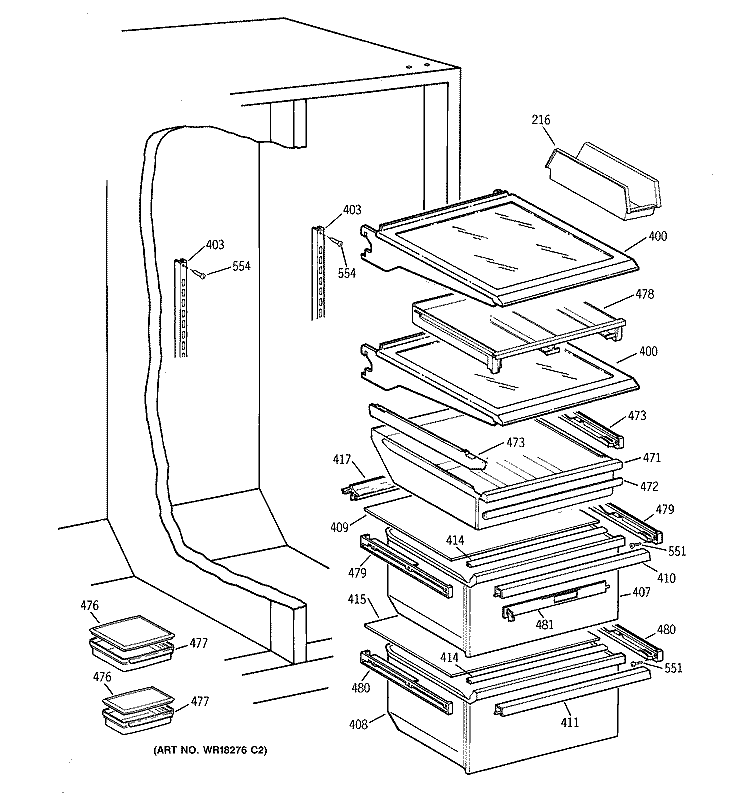 FRESH FOOD SHELVES Diagram and Parts List for TFK27ZFZAAA  General Electric Refrigerator