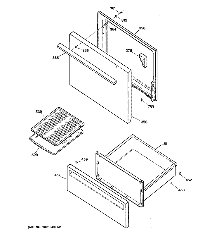 DOOR & DRAWER Diagram and Parts List for JBS03V3  General Electric Range