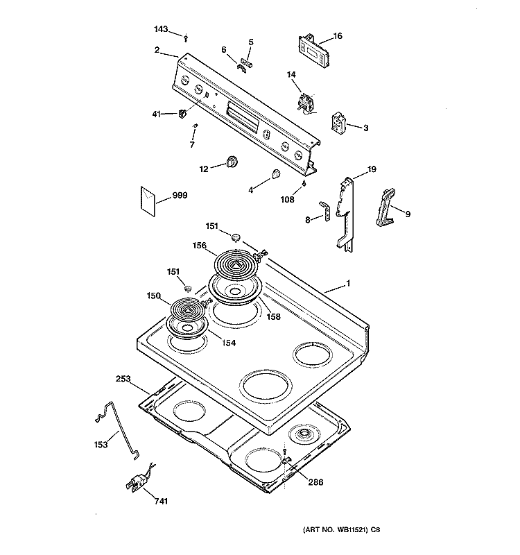 CONTROL PANEL & COOKTOP Diagram and Parts List for JBS27AY1  General Electric Range