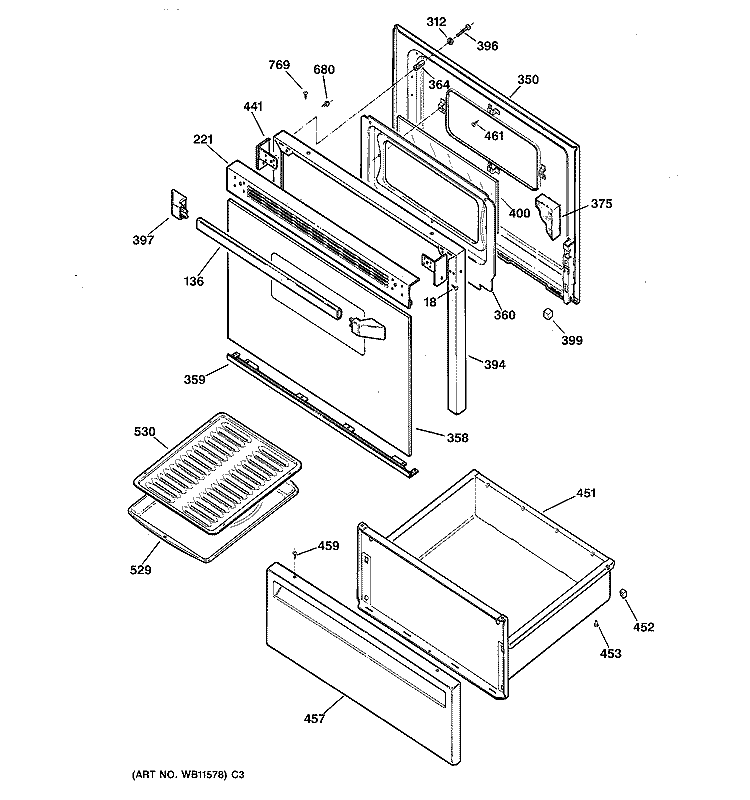 DOOR & DRAWER Diagram and Parts List for JBS27AY1  General Electric Range