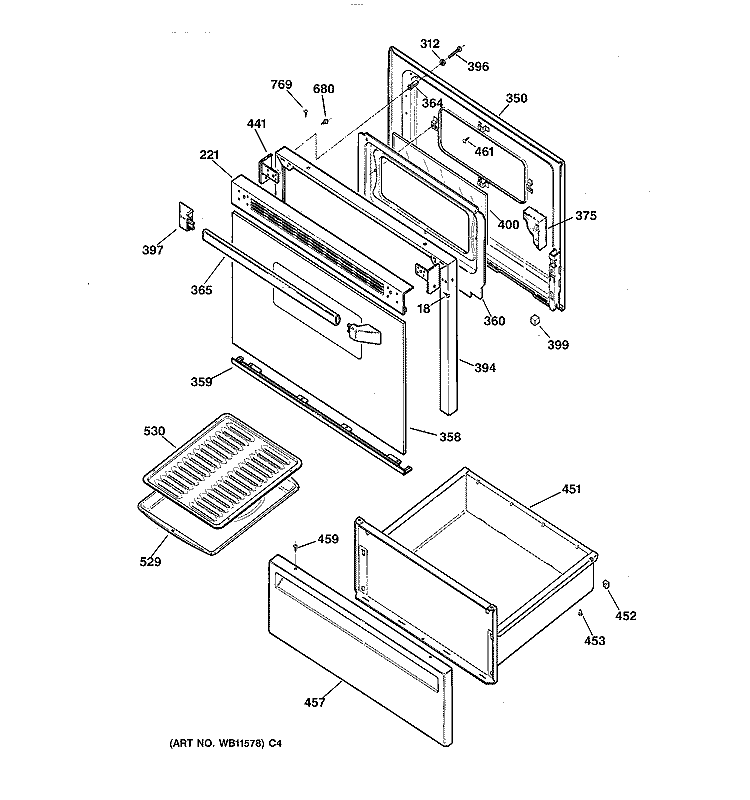 DOOR & DRAWER Diagram and Parts List for JBS27BY1  General Electric Range