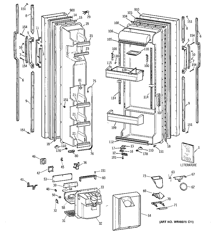 DOORS Diagram and Parts List for TFT25JWYFAA  General Electric Refrigerator