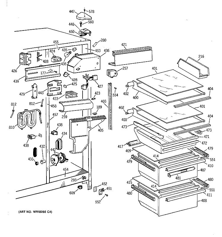FRESH FOOD SECTION Diagram and Parts List for TFT25JWYFAA  General Electric Refrigerator