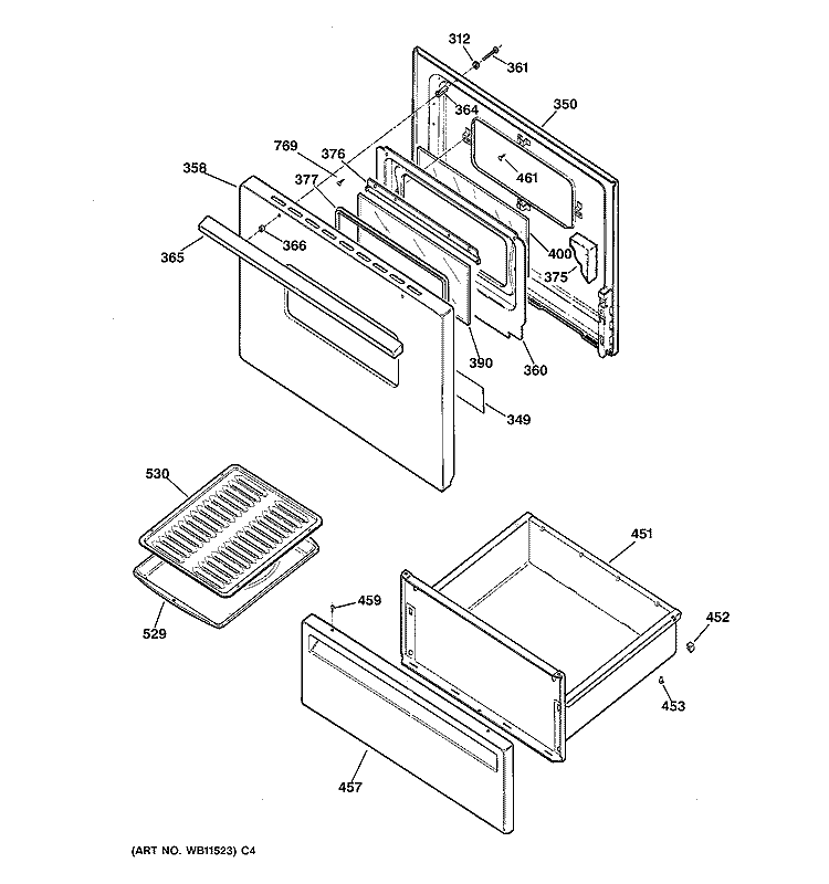 DOOR & DRAWER Diagram and Parts List for JBS07V4  General Electric Range