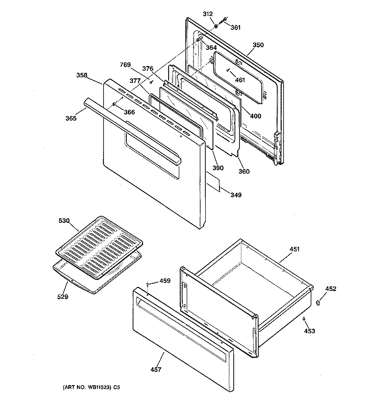 DOOR & DRAWER Diagram and Parts List for JBS26W3  General Electric Range