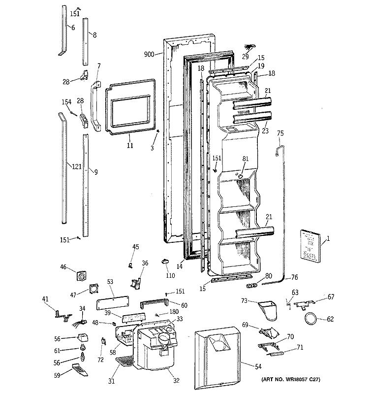 FREEZER DOOR Diagram and Parts List for TFJ25PRYAJAA  General Electric Refrigerator