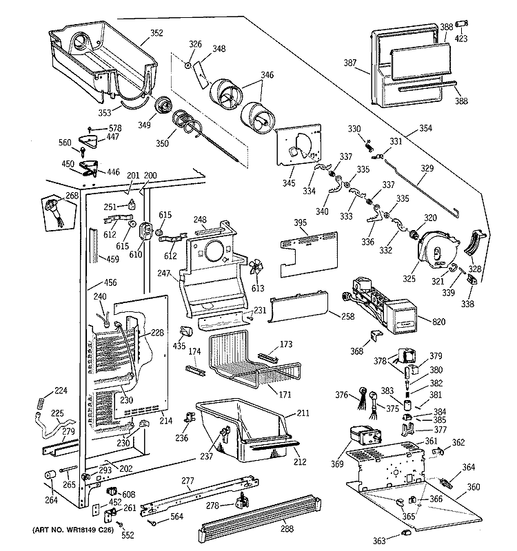 FREEZER SECTION Diagram and Parts List for TFJ25PRYAJAA  General Electric Refrigerator