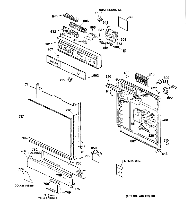 ESCUTCHEON & DOOR ASSEMBLY Diagram and Parts List for GSD800X-72BA  General Electric Dishwasher