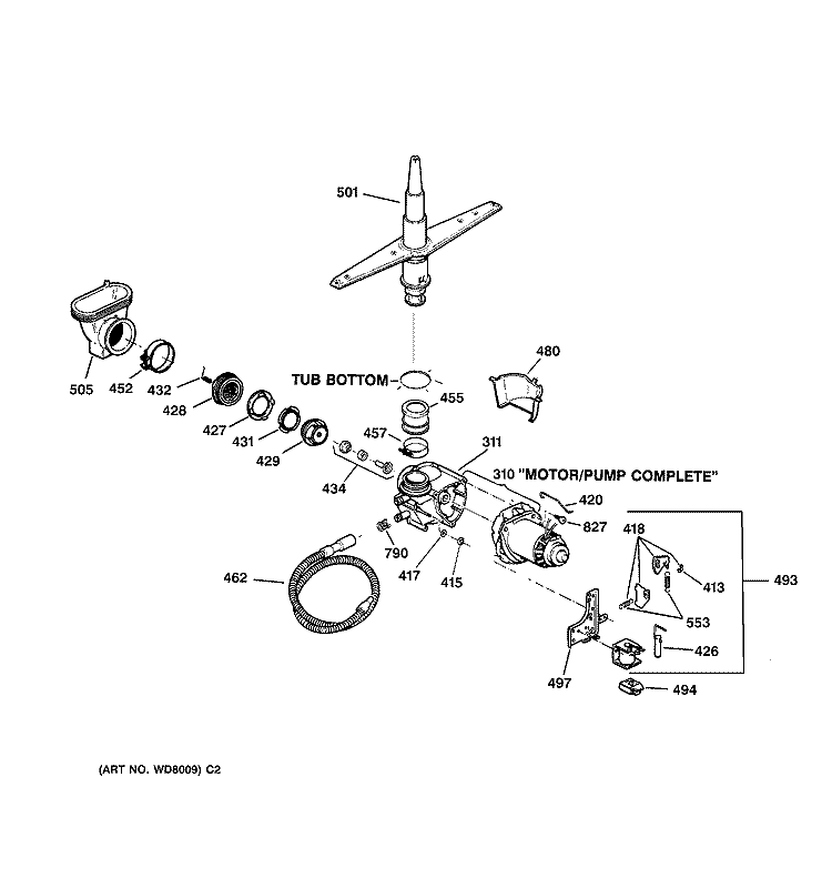 MOTOR - PUMP MECHANISM Diagram and Parts List for GSD850Y-72  General Electric Dishwasher