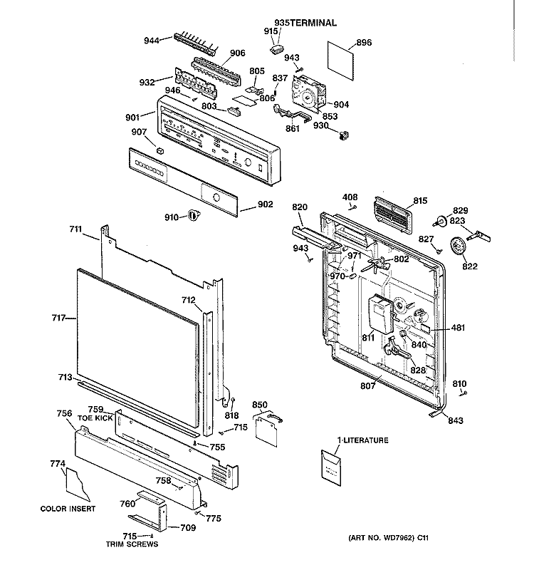 ESCUTCHEON & DOOR ASSEMBLY Diagram and Parts List for GSD900X-72BA  General Electric Dishwasher