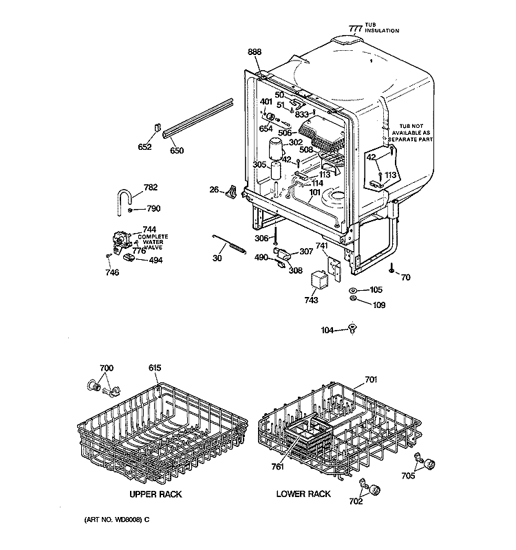BODY PARTS Diagram and Parts List for GSD500X-73AW  General Electric Dishwasher
