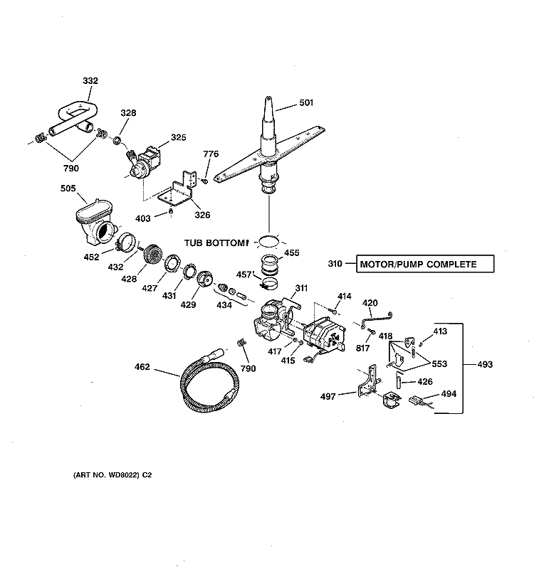 MOTOR - PUMP MECHANISM Diagram and Parts List for GSD4310Y73AA  General Electric Dishwasher