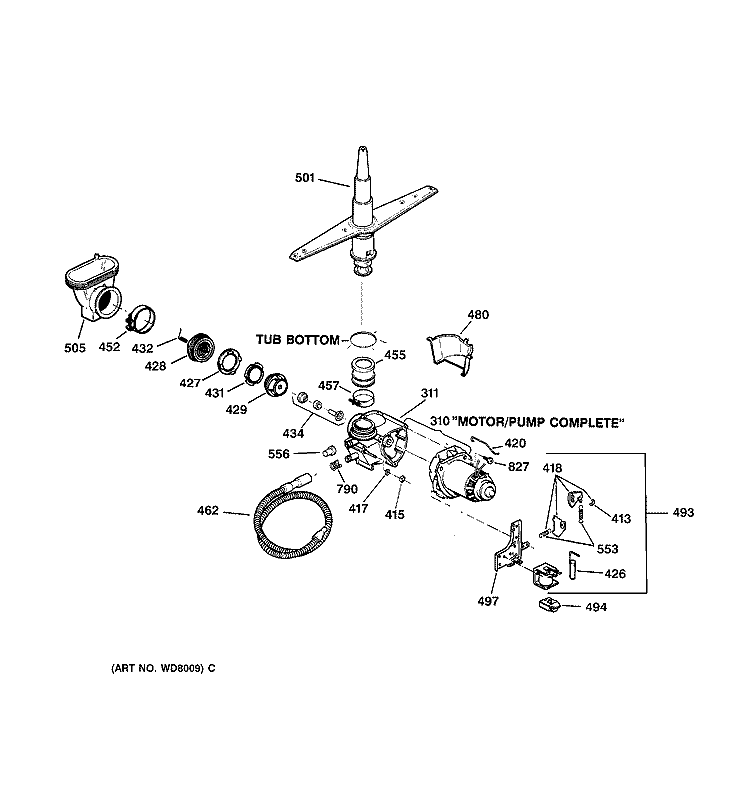 MOTOR - PUMP MECHANISM Diagram and Parts List for GSD650X-73WB  General Electric Dishwasher