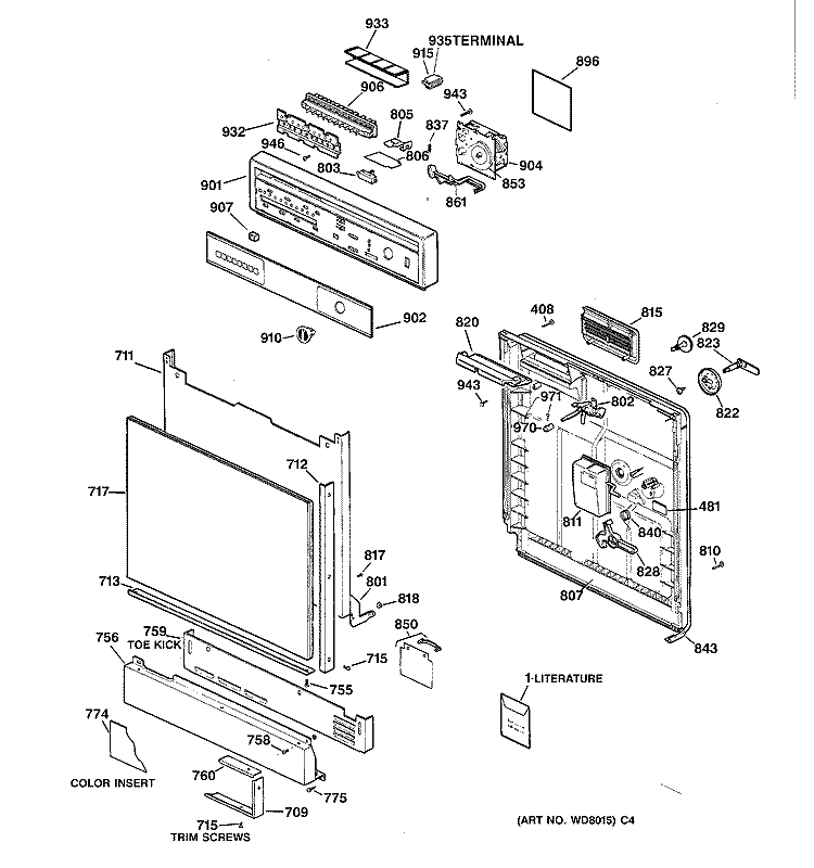 ESCUTCHEON & DOOR ASSEMBLY Diagram and Parts List for GSD850Y-73  General Electric Dishwasher