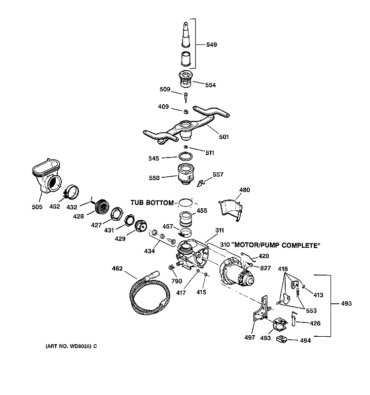 MOTOR - PUMP MECHANISM Diagram and Parts List for GSD1350X73  General Electric Dishwasher
