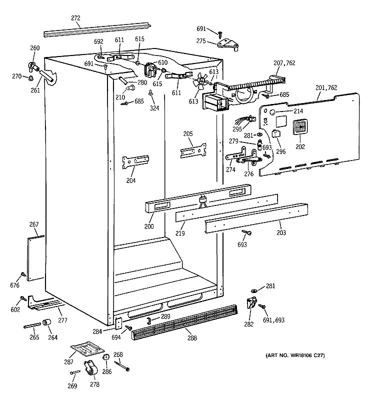CABINET PARTS Diagram and Parts List for TBG21DAYBRWW  General Electric Refrigerator