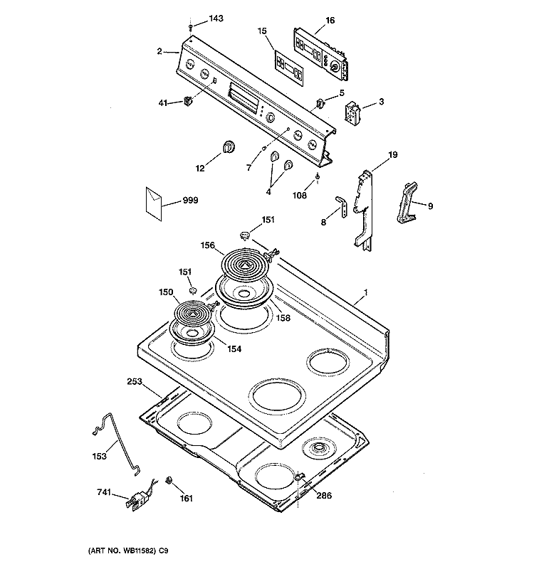 COOKTOP & CONTROL PANEL Diagram and Parts List for JBP26AY1  General Electric Range