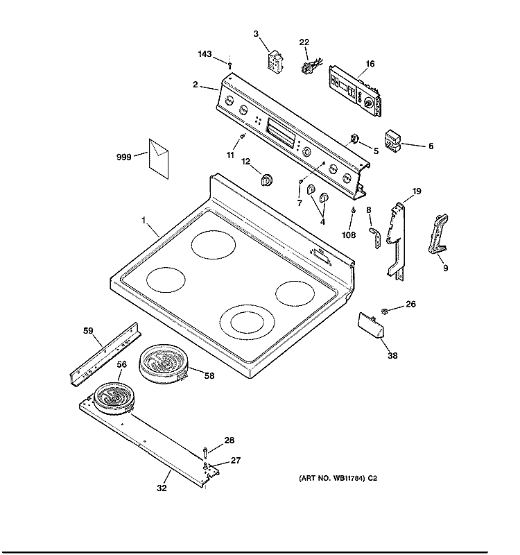 COOKTOP & CONTROL PANEL Diagram and Parts List for JBP60BY1WH  General Electric Range