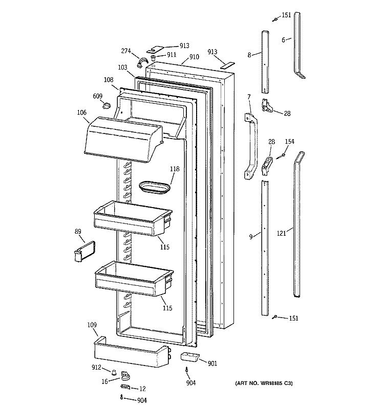 FRESH FOOD DOOR Diagram and Parts List for TFK30PRZAWW  General Electric Refrigerator