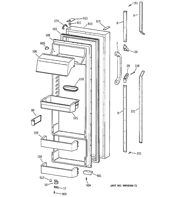 FRESH FOOD DOOR Diagram and Parts List for TPK24PRZAWW  General Electric Refrigerator