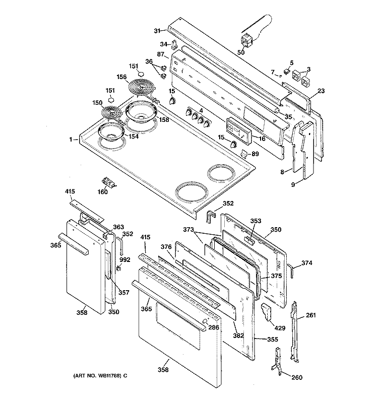 CONTROL PANEL, COOKTOP & DOORS Diagram and Parts List for JCP67Y1WW  General Electric Range