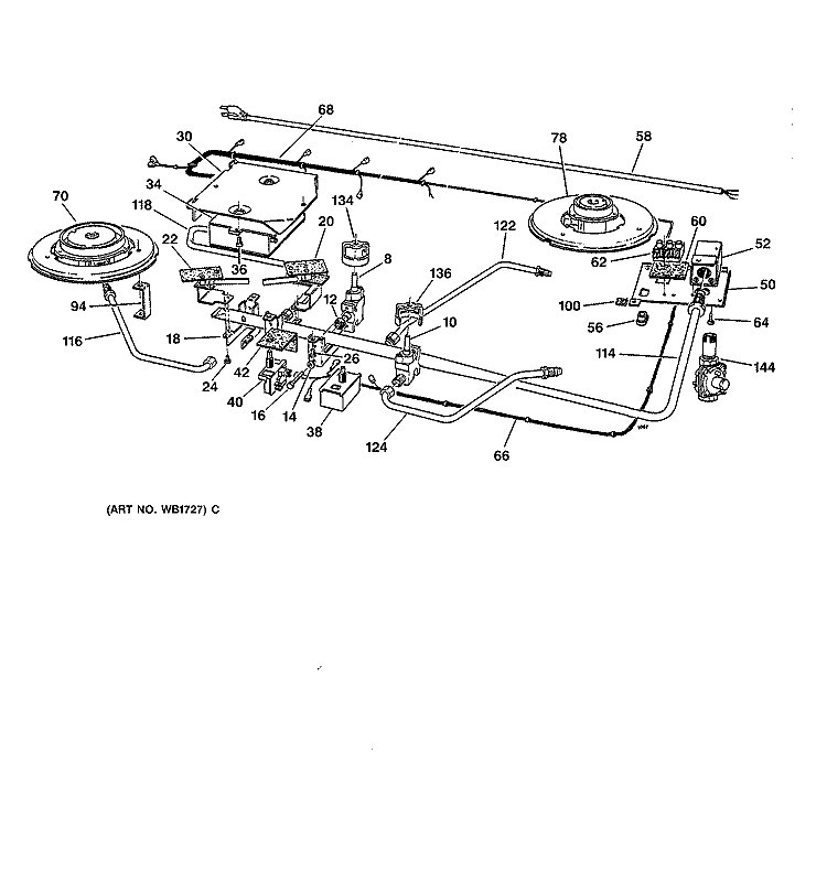 BURNER PARTS Diagram and Parts List for JGP645BEX1BB  General Electric Cooktop