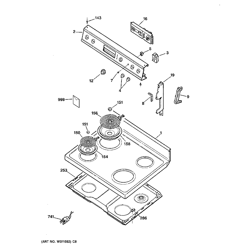 CONTROL PANEL & COOKTOP Diagram and Parts List for JBP22GES2  General Electric Range