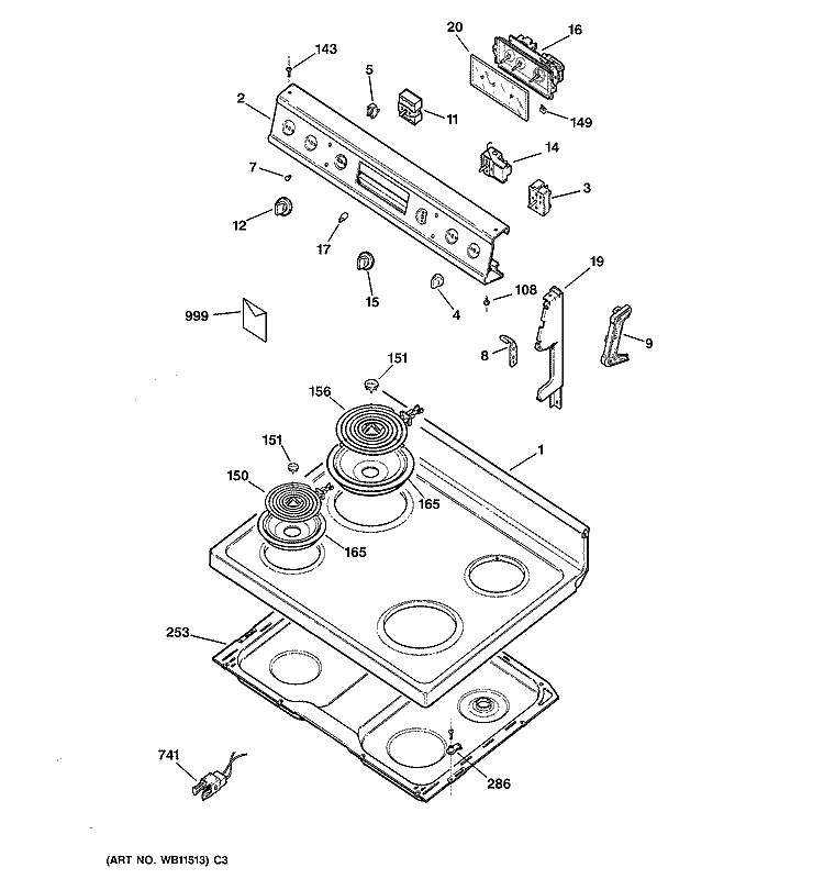 CONTROL PANEL & COOKTOP Diagram and Parts List for JBP22V1  General Electric Range