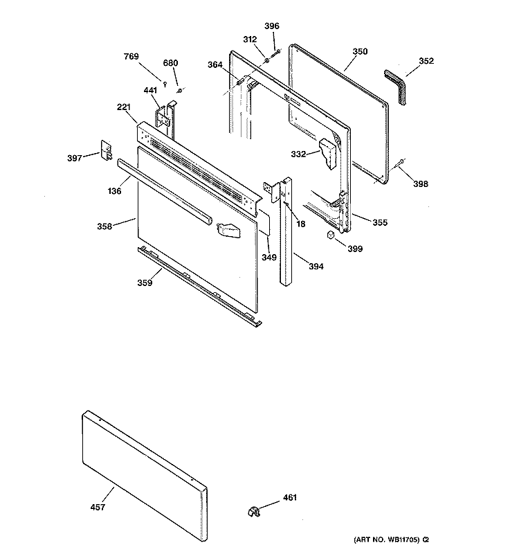 OVEN DOOR Diagram and Parts List for JBP19GV2  General Electric Range