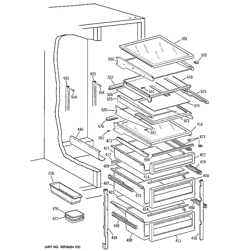 FRESH FOOD SHELVES Diagram and Parts List for TPG24PFZABB  General Electric Refrigerator