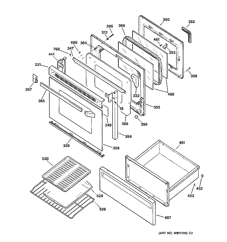 DOOR & DRAWER PARTS Diagram and Parts List for JBP30WY1  General Electric Range