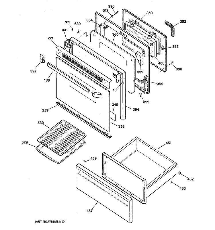 DOOR & DRAWER PARTS Diagram and Parts List for JBP26GV2  General Electric Range