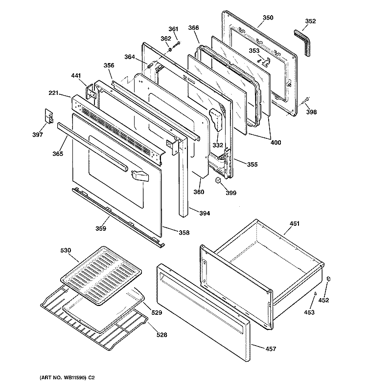 DOOR & DRAWER PARTS Diagram and Parts List for JBP65GS1AD  General Electric Range