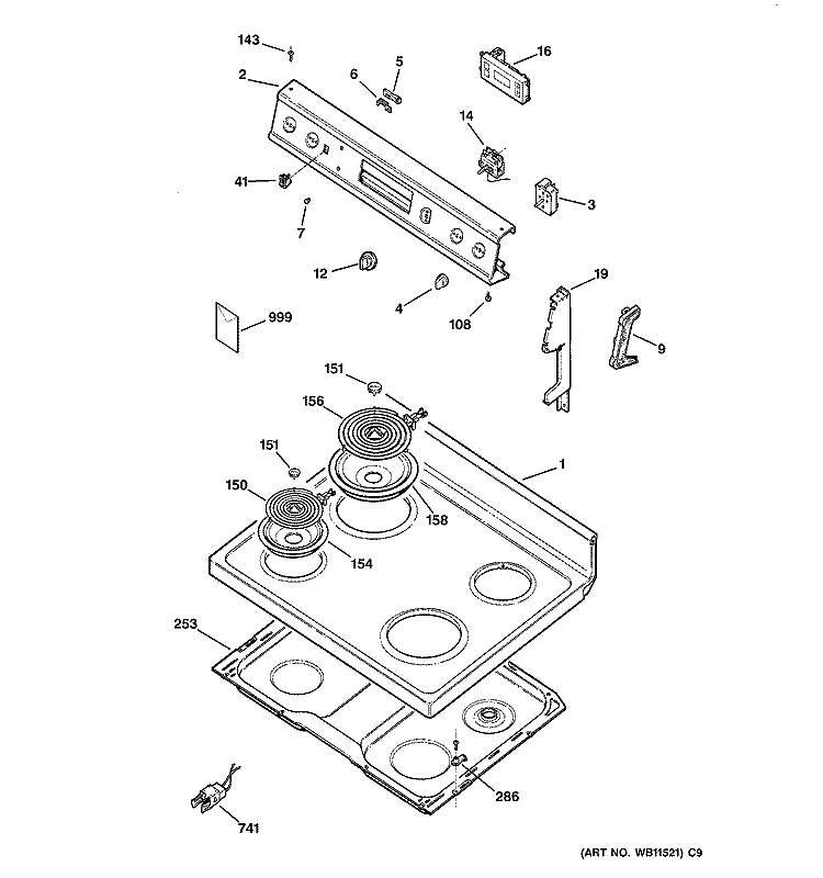 CONTROL PANEL & COOKTOP Diagram and Parts List for JBS26W1  General Electric Range