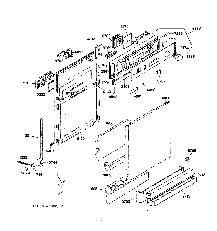 ESCUTCHEON & DOOR ASSEMBLY Diagram and Parts List for ZBD4900YSS  General Electric Dishwasher