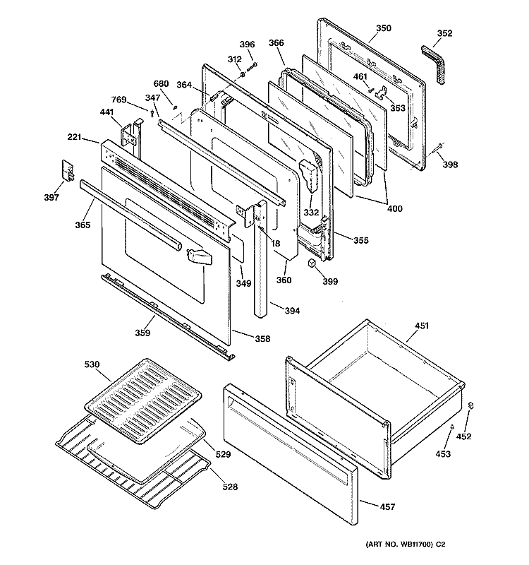 DOOR & DRAWER PARTS Diagram and Parts List for JBP30AA1  General Electric Range