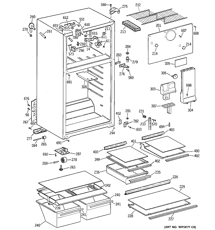 CABINET Diagram and Parts List for TBT18NAYERAD  General Electric Refrigerator