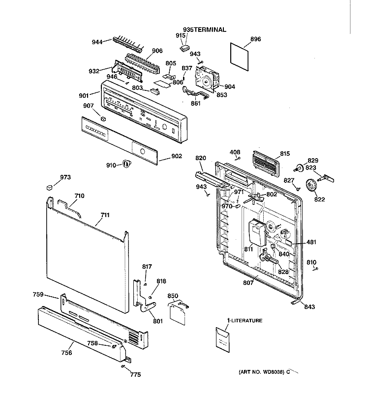 ESCUTCHEON & DOOR ASSEMBLY Diagram and Parts List for GSD3610Z00AA  General Electric Dishwasher