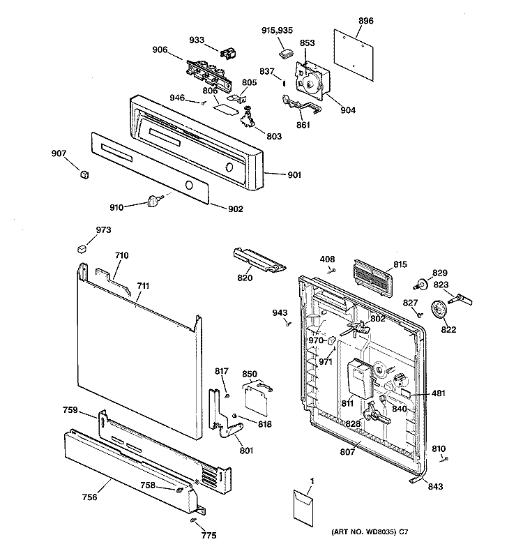 ESCUTCHEON & DOOR ASSEMBLY Diagram and Parts List for GSD3210Z00AA  General Electric Dishwasher