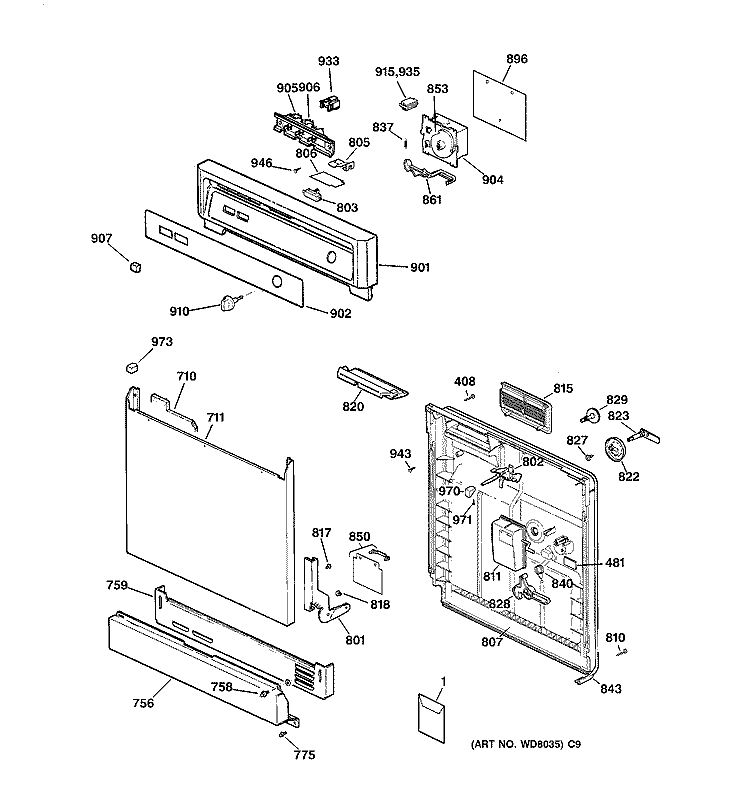 ESCUTCHEON & DOOR ASSEMBLY Diagram and Parts List for GSM2100Z00AD  General Electric Dishwasher