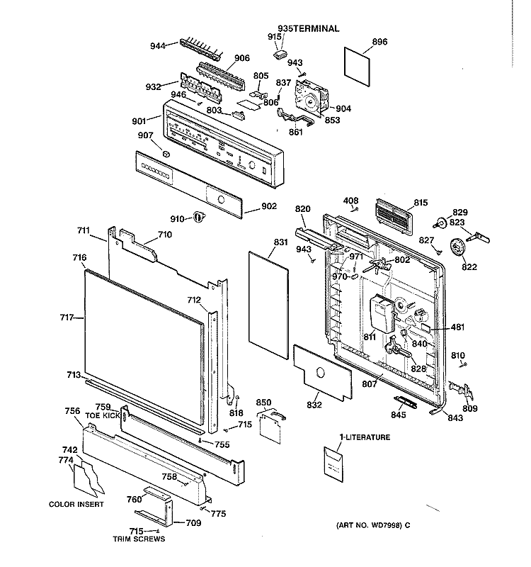 ESCUTCHEON & DOOR ASSEMBLY Diagram and Parts List for GSD4120Y04BB  General Electric Dishwasher