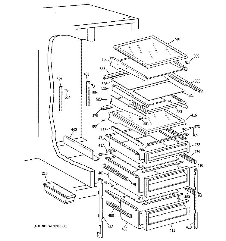FRESH FOOD SHELVES Diagram and Parts List for TFX30PPZCBB  General Electric Refrigerator