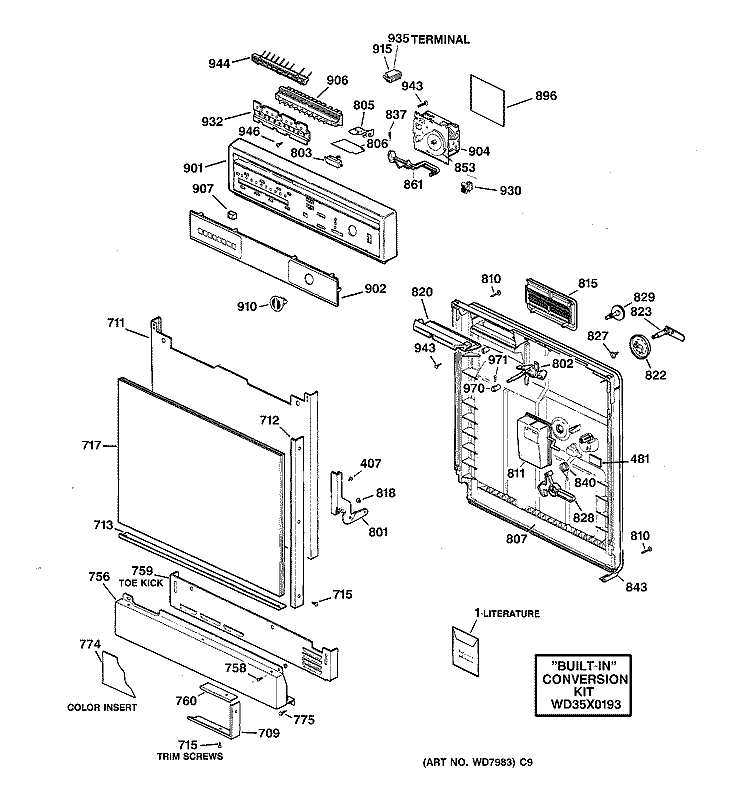 ESCUTCHEON & DOOR ASSEMBLY Diagram and Parts List for GSC900X07BA  General Electric Dishwasher