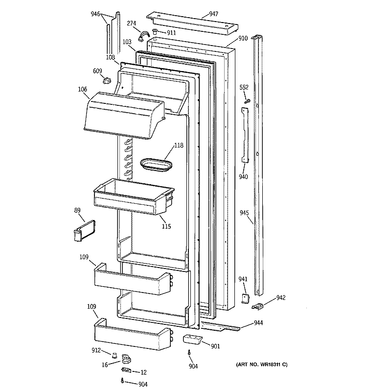 FRESH FOOD DOOR Diagram and Parts List for TPX24SPZCBS  General Electric Refrigerator