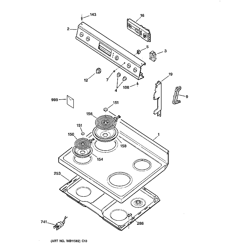 CONTROL PANEL & COOKTOP Diagram and Parts List for JBP19BY2  General Electric Range