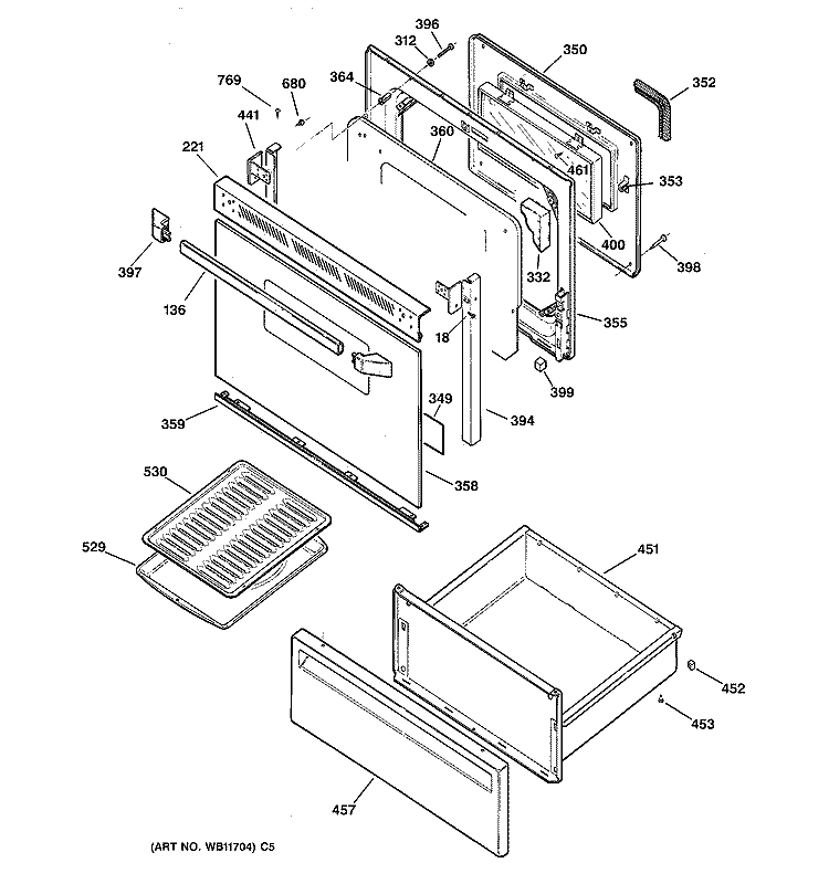 DOOR & DRAWER PARTS Diagram and Parts List for JBP26AY2  General Electric Range