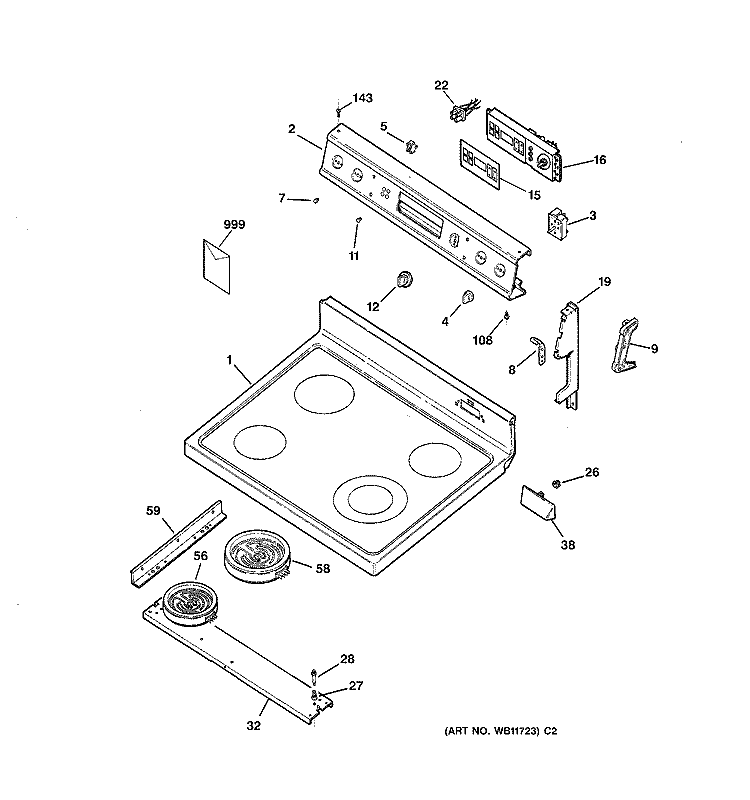 CONTROL PANEL & COOKTOP Diagram and Parts List for JBP63BY2AD  General Electric Range